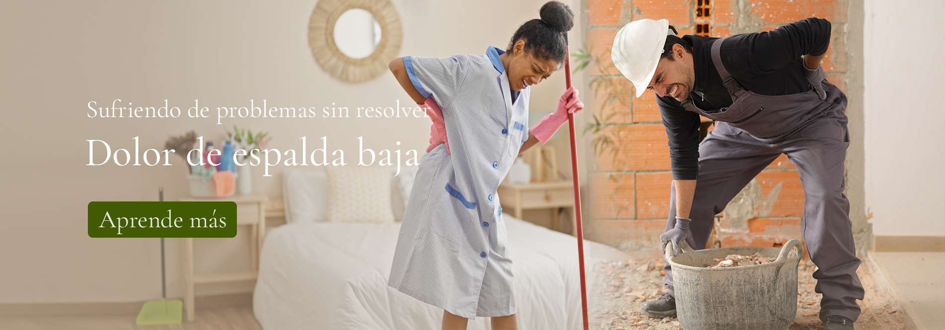 Limpiadora de casas que sufre de dolor de espalda - Obrero de la construcción con dolor en la parte baja de la espalda. Limpiadora de casas que sufre de dolor de espalda - Obrero de la construcción con dolor en la parte baja de la espalda.