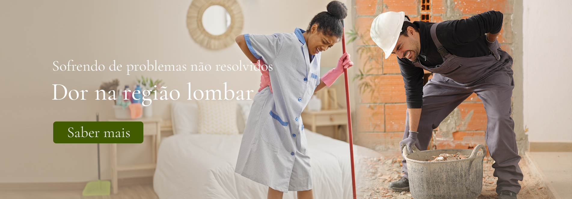 Empregada de limpeza que sofre de dores nas costas - Trabalhador da construção civil com dores na região lombar.