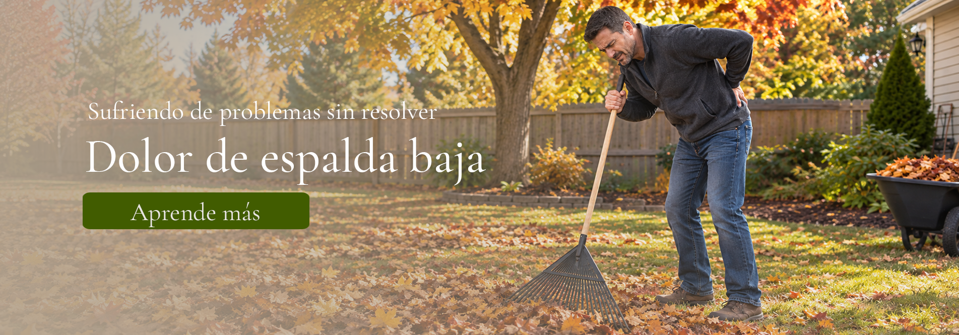 Un hombre que rastrilla las hojas del otoño y sufre dolor de espalda. Un hombre que rastrilla las hojas del otoño y sufre dolor de espalda.