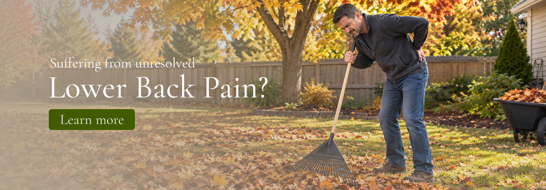A man raking fall leaves suffering from Back Pain A man raking fall leaves suffering from Back Pain